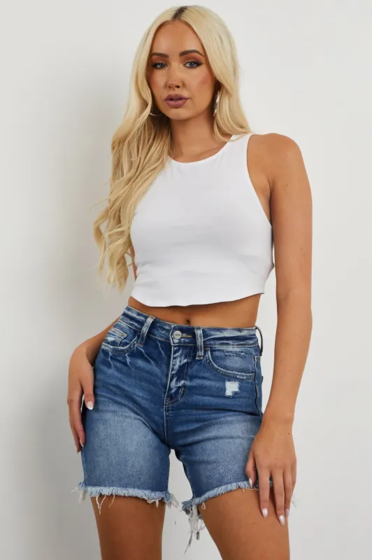 White Sleeveless Strappy Open Back Crop Top sold by Lime Lush