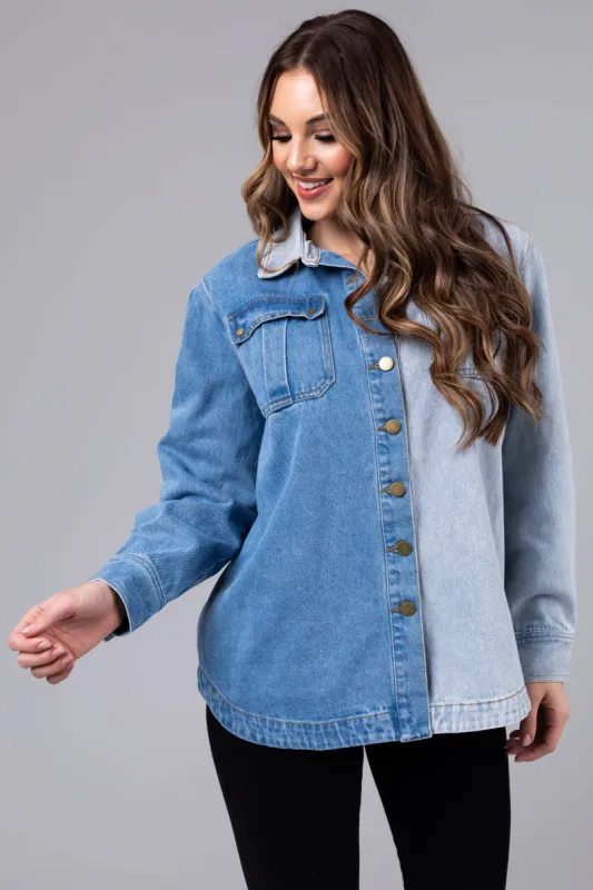 Denim Colorblock Button Down Shacket sold by Lime Lush