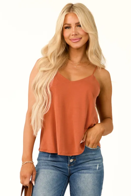 Rust V Neck Soft Knit Relaxed Fit Tank Top sold by Lime Lush