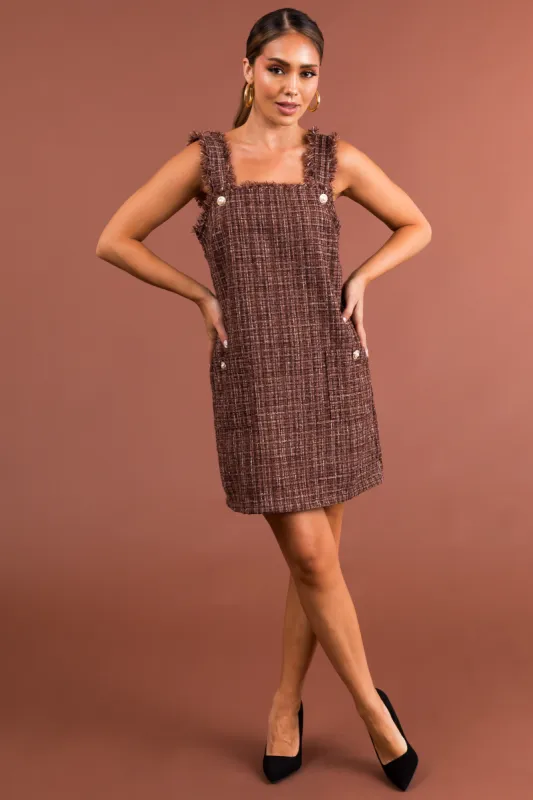 Chocolate Tweed Mini Dress with Frayed Straps sold by Lime Lush