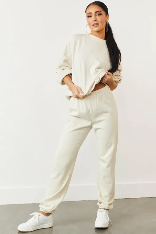Cream Fleece Lined Solid Cotton Sweatpants sold by Lime Lush