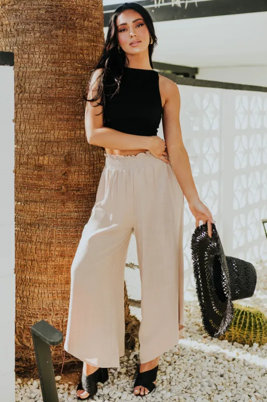 She+Sky Latte Smocked Waist Angled Wide Leg Linen Pants sold by Lime Lush