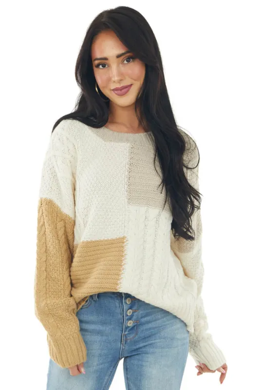 Ivory Colorblock Loose Cozy Cable Knit Sweater sold by Lime Lush
