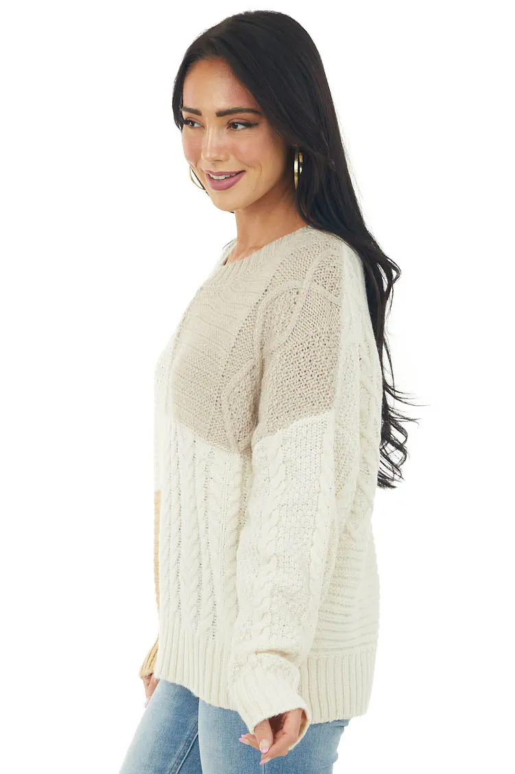 Ivory Colorblock Loose Cozy Cable Knit Sweater sold by Lime Lush product image thumbnail 4