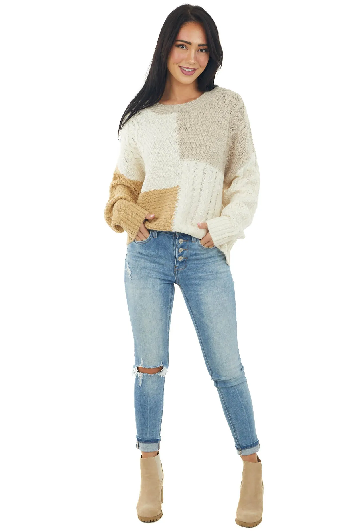 Ivory Colorblock Loose Cozy Cable Knit Sweater sold by Lime Lush product image thumbnail 3