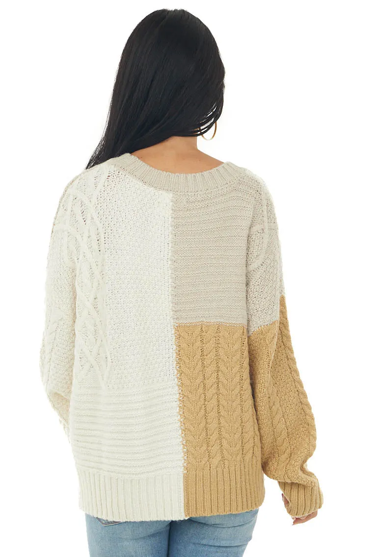 Ivory Colorblock Loose Cozy Cable Knit Sweater sold by Lime Lush product image thumbnail 5