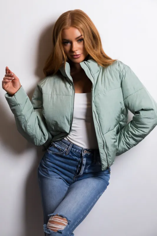 Sage Zip Up Quilted Puffer Jacket with Sheen sold by Lime Lush