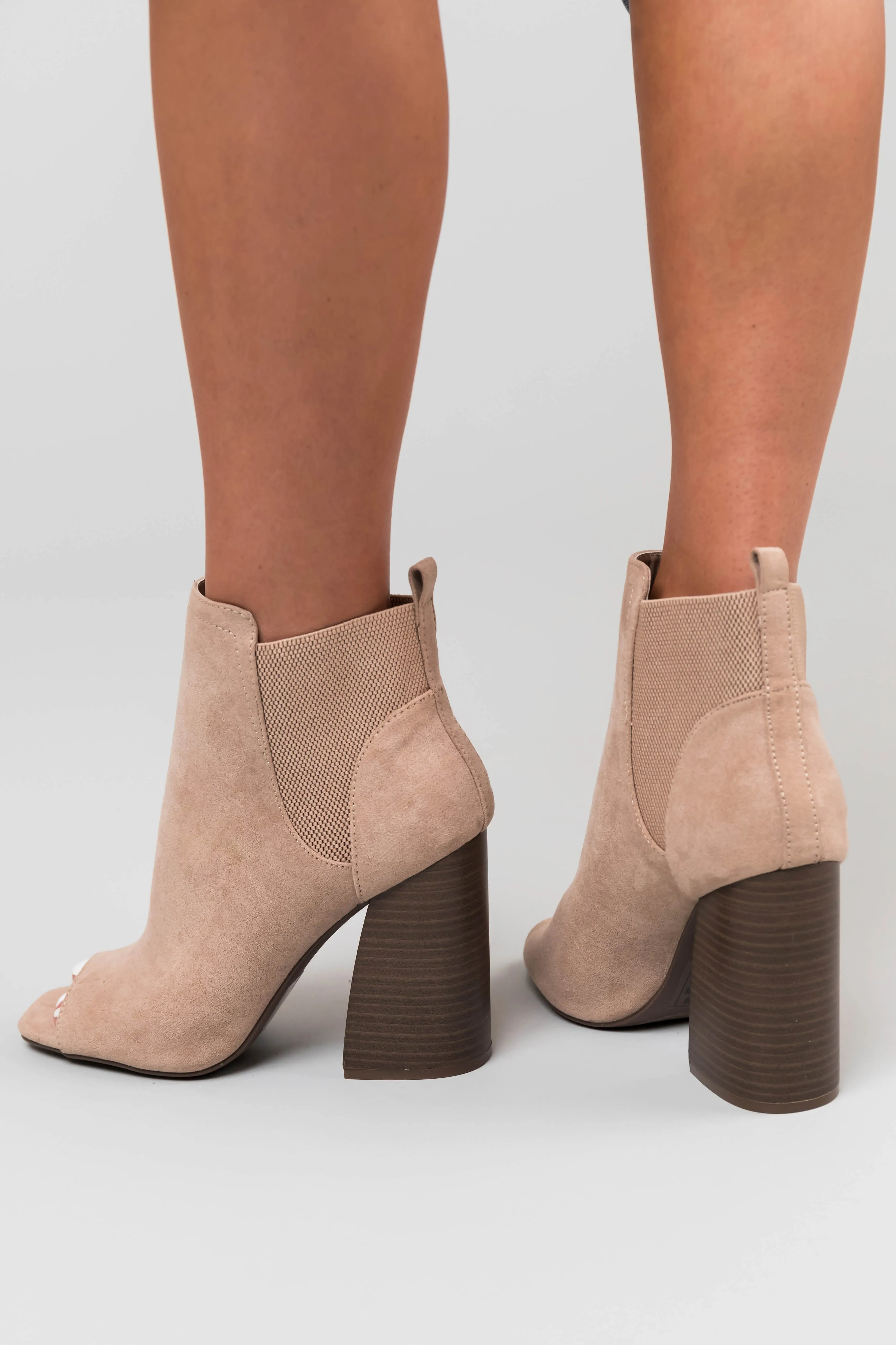 Latte Suede Peep Toe Chunky Heel Booties sold by Lime Lush product image thumbnail 2