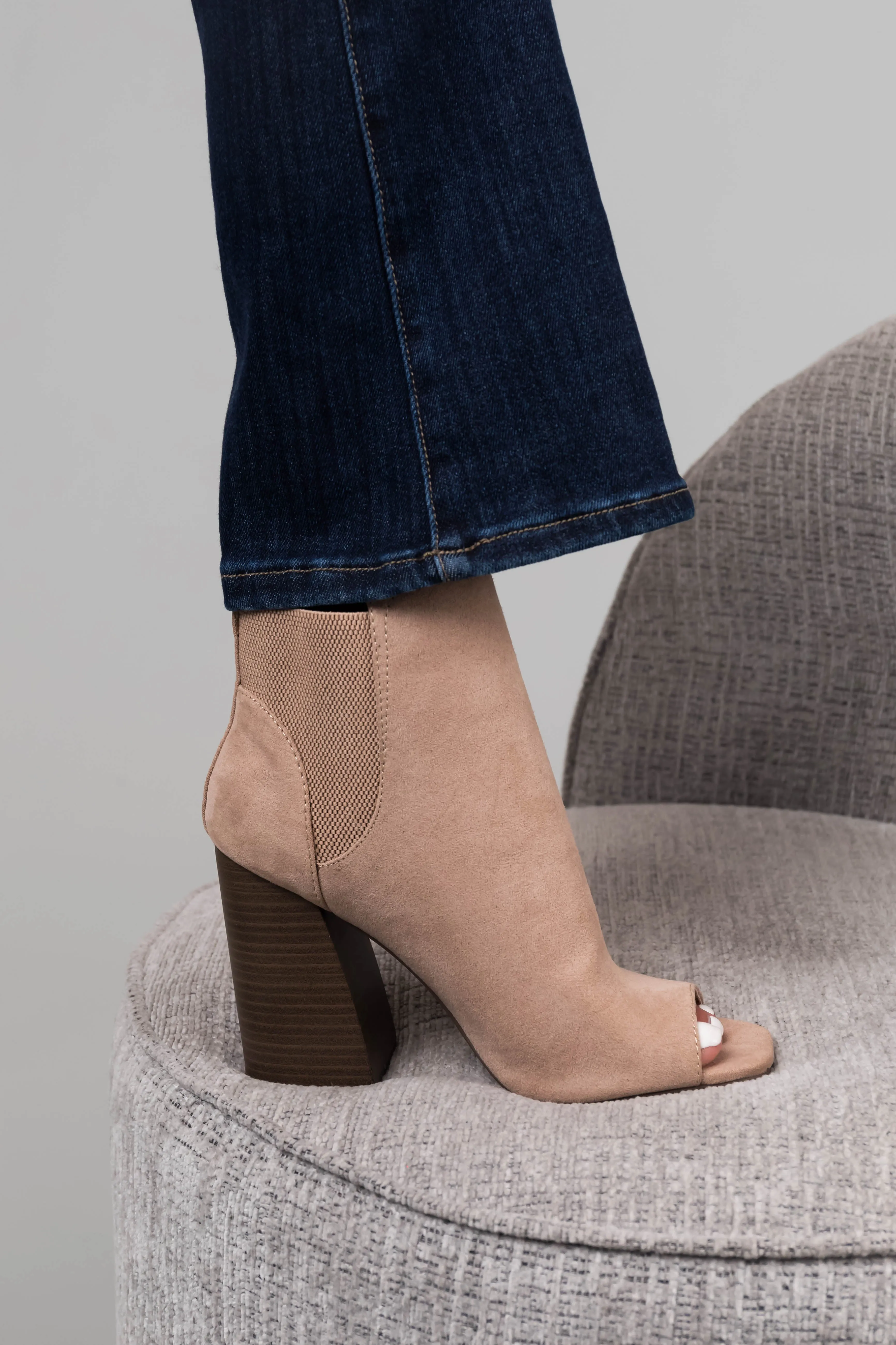 Latte Suede Peep Toe Chunky Heel Booties sold by Lime Lush product image thumbnail 3