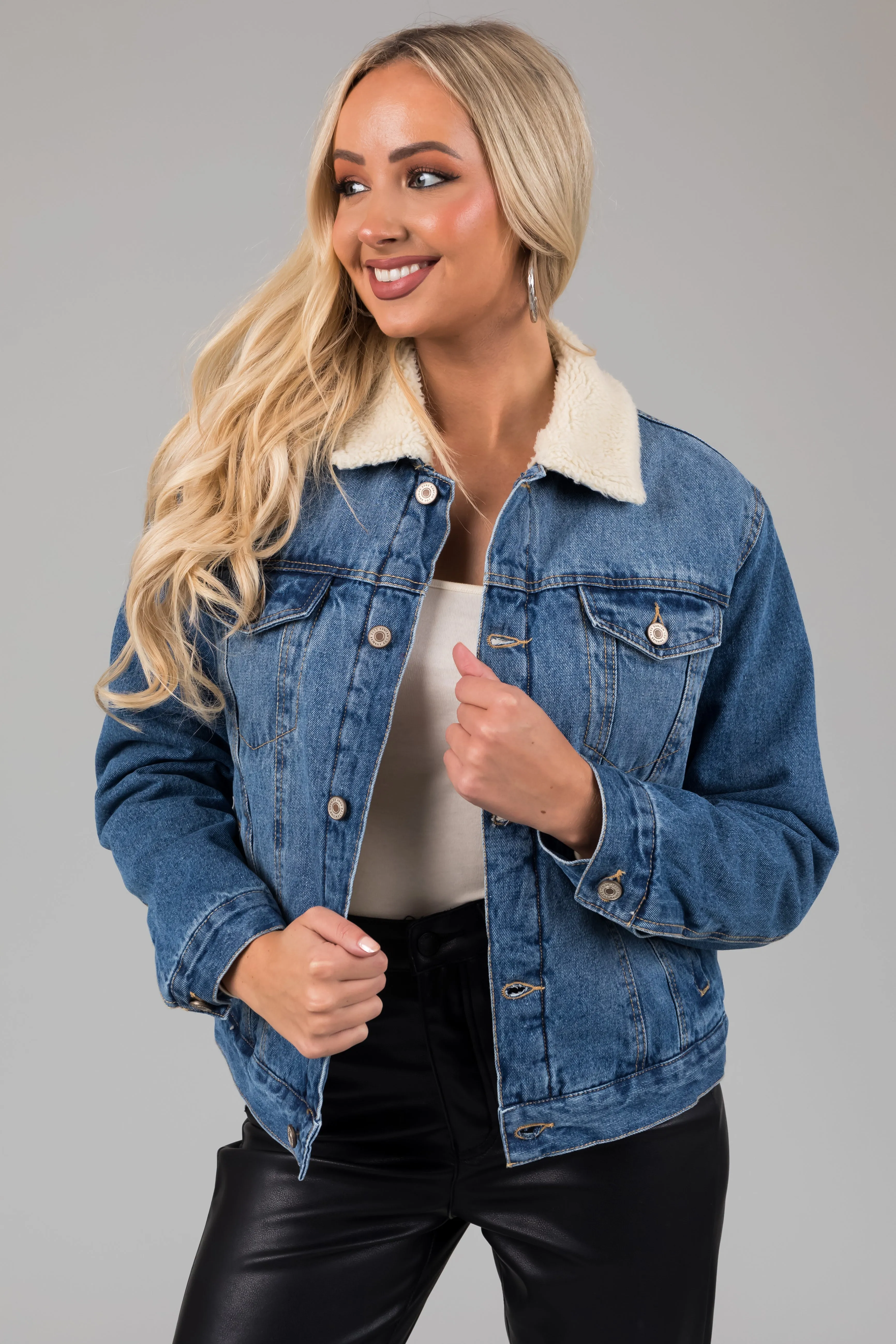 KanCan Medium Wash Long Sleeve Denim Jacket sold by Lime Lush