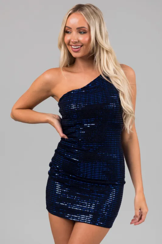 Cobalt Sequin One Shoulder Bodycon Short Dress sold by Lime Lush