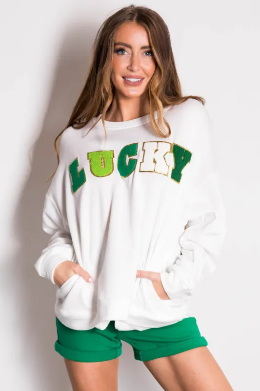 Off White 'Lucky' Graphic Soft Knit Sweatshirt sold by Lime Lush