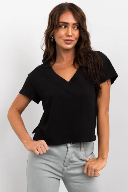 Black V Neck Short Sleeve Cropped Tee sold by Lime Lush