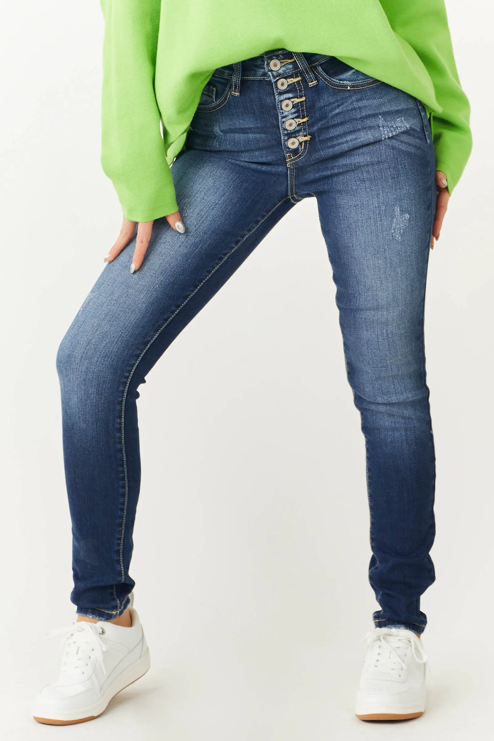 KanCan Dark Wash High Rise Super Skinny Jeans with Distress Detail sold by Lime Lush product image thumbnail 3