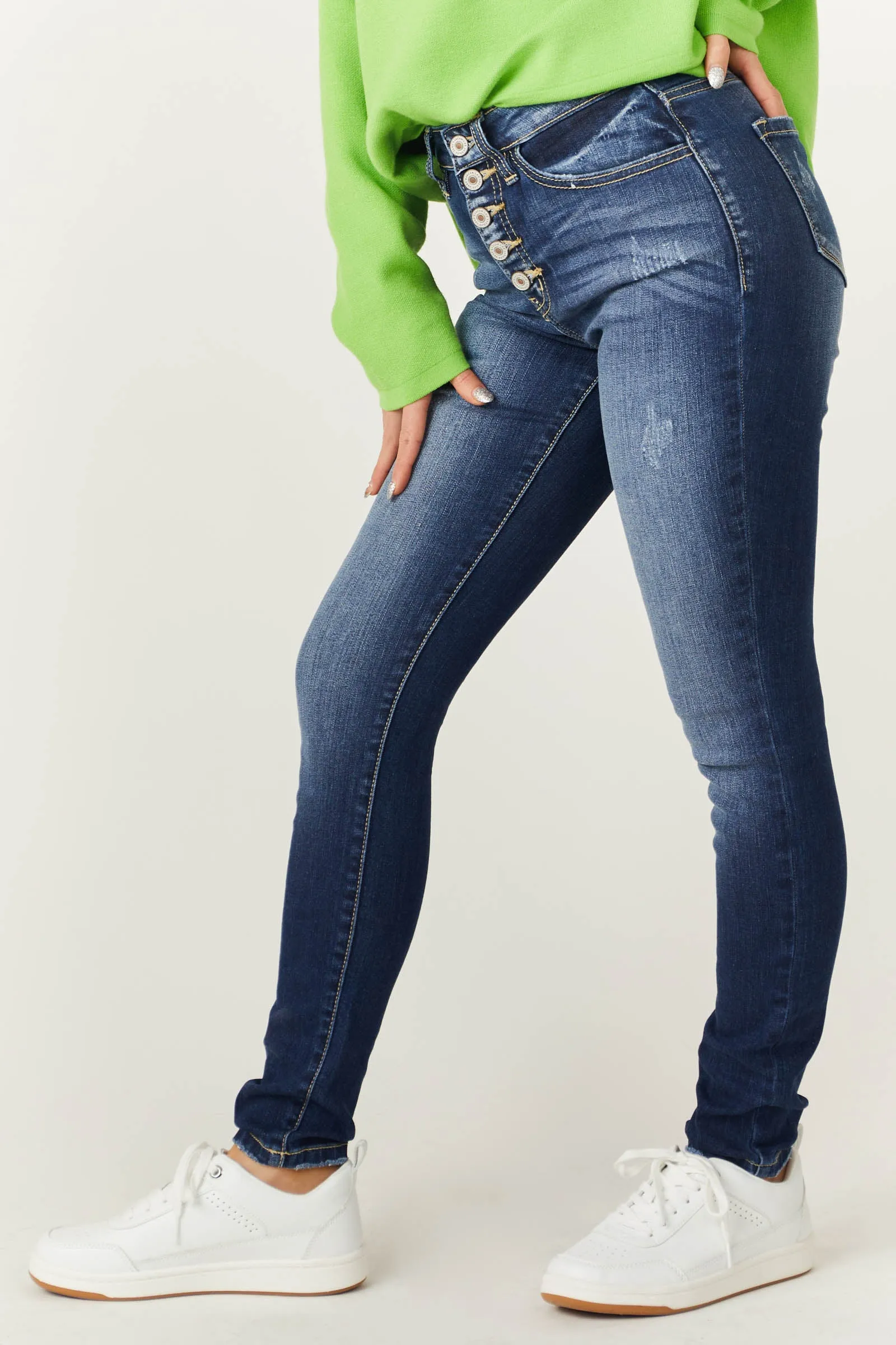 KanCan Dark Wash High Rise Super Skinny Jeans with Distress Detail sold by Lime Lush product image thumbnail 4