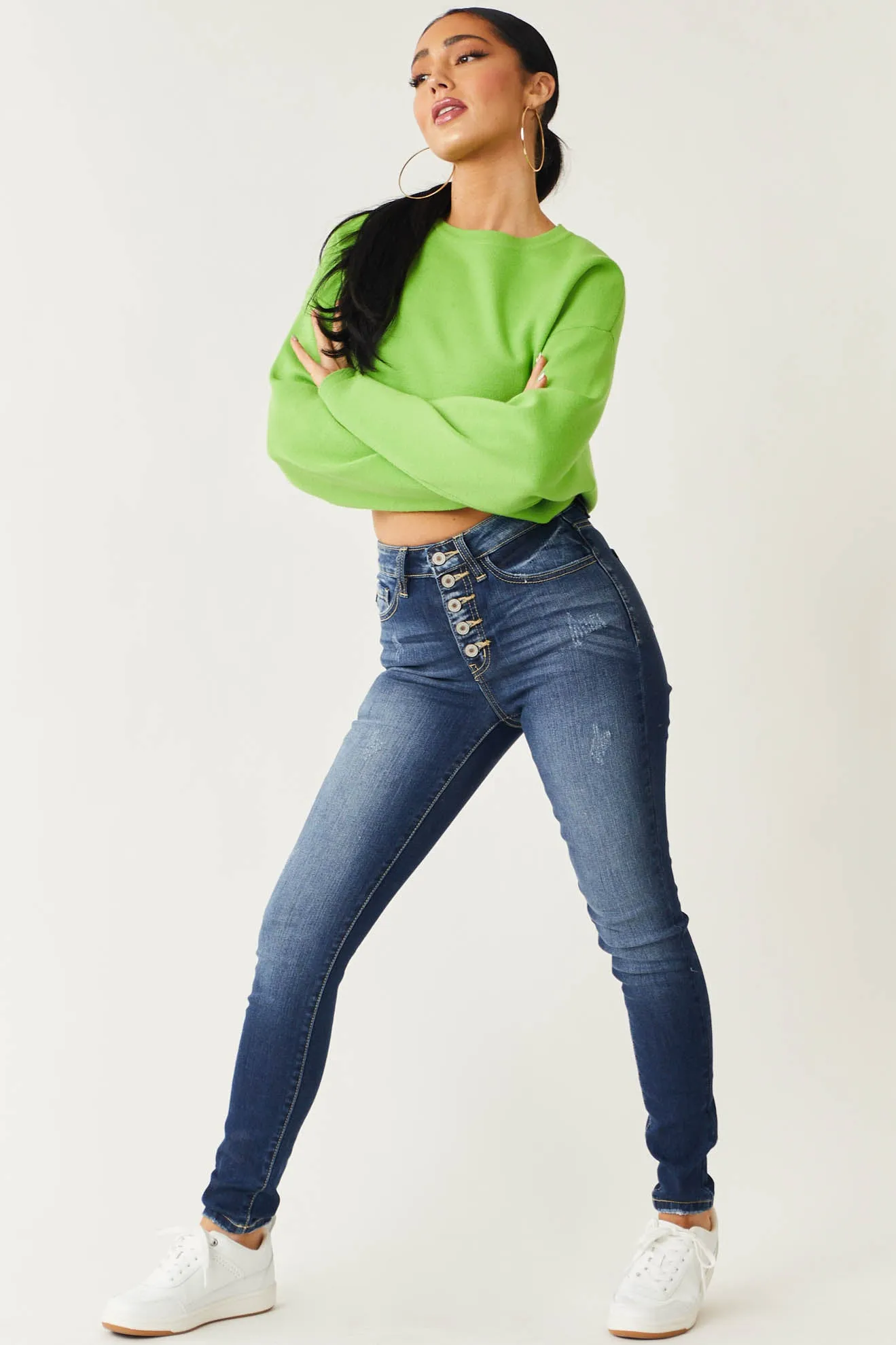 KanCan Dark Wash High Rise Super Skinny Jeans with Distress Detail sold by Lime Lush