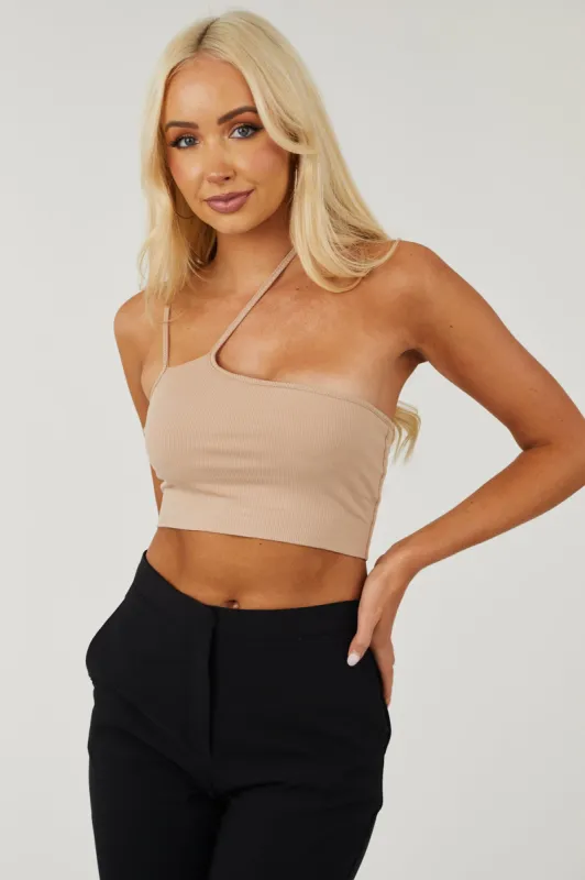 Latte Asymmetrical Neck Ribbed Knit Crop Top sold by Lime Lush