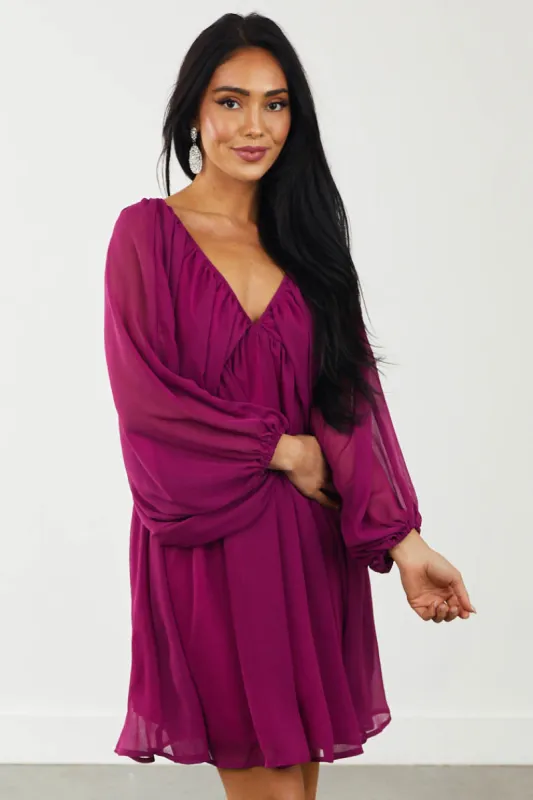 Plum V Neckline Long Sleeve Woven Mini Dress sold by Lime Lush