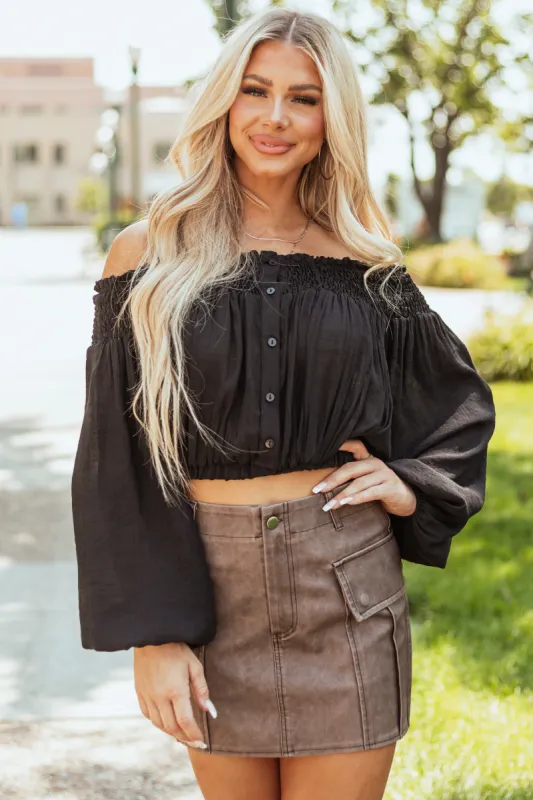 Black Off Shoulder Smocked Cropped Blouse sold by Lime Lush