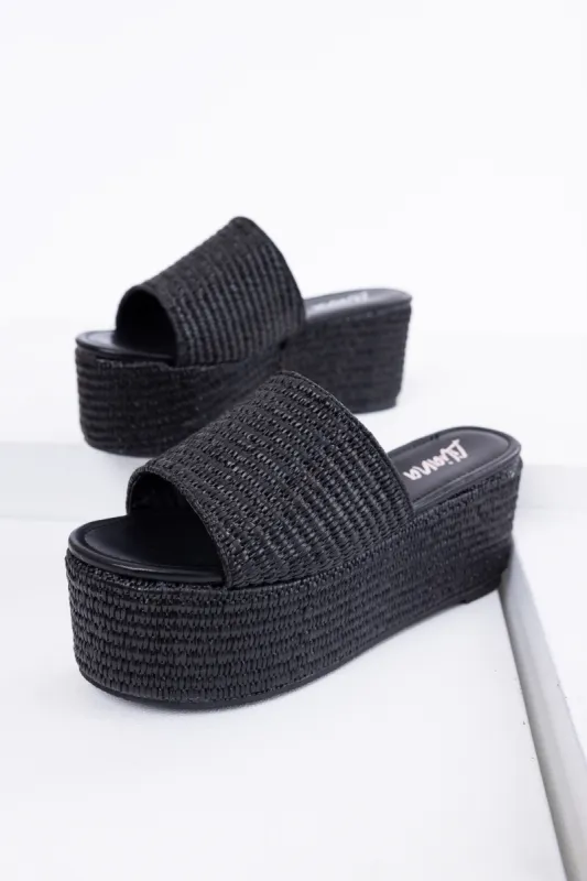 Black Raffia Woven Platform Slide Sandals sold by Lime Lush