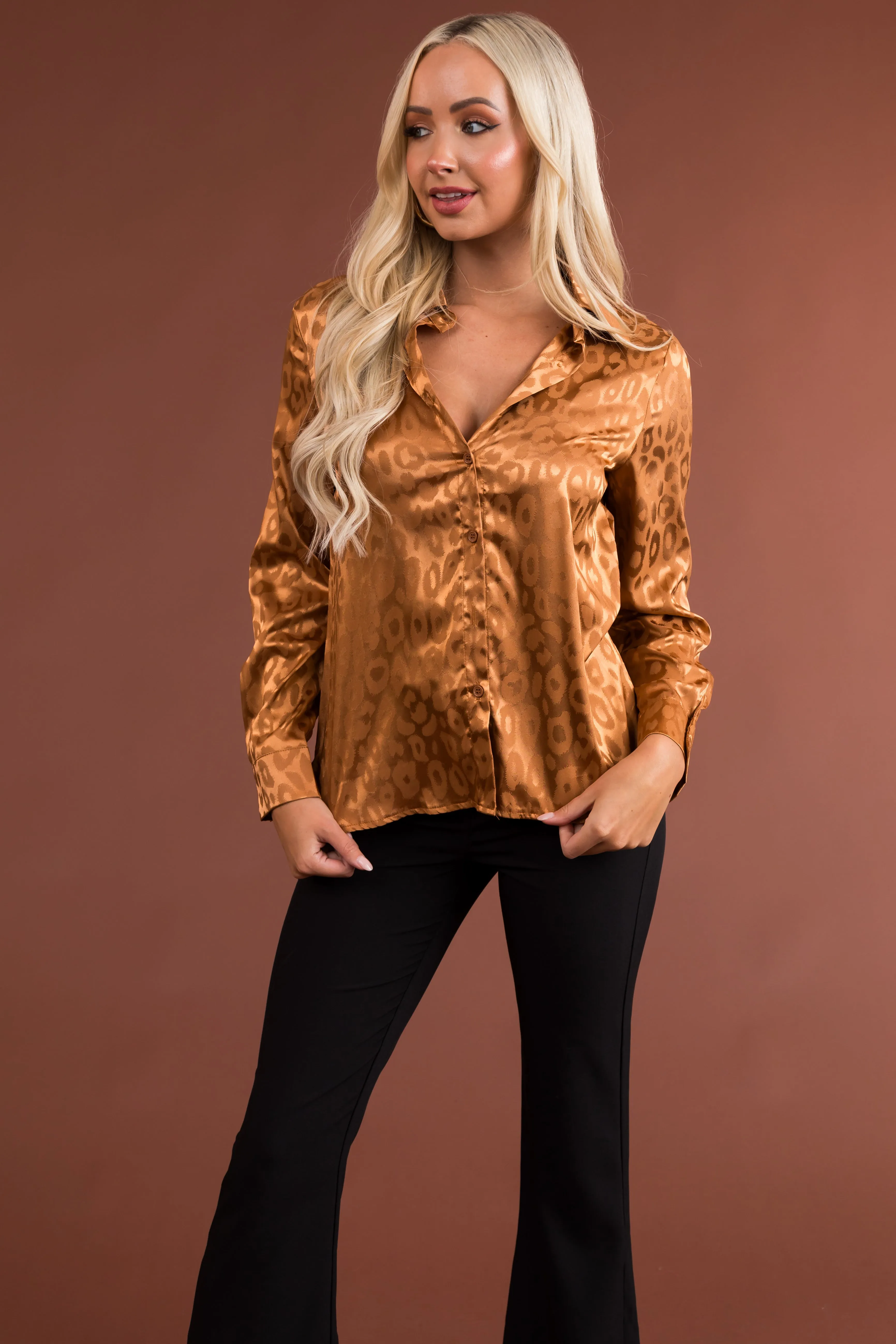 Copper Leopard Jacquard Button Up Satin Blouse sold by Lime Lush product image thumbnail 3