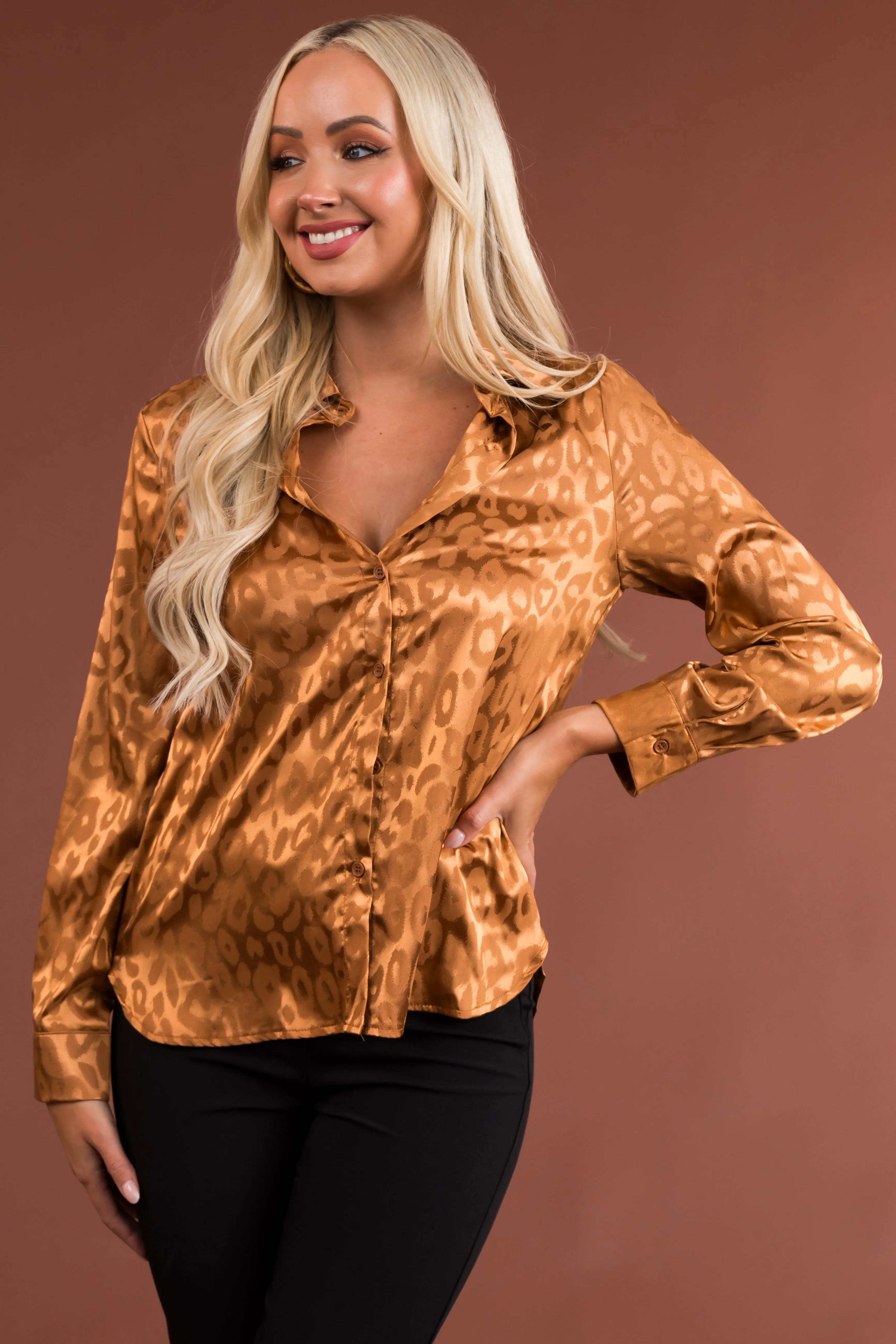 Copper Leopard Jacquard Button Up Satin Blouse sold by Lime Lush