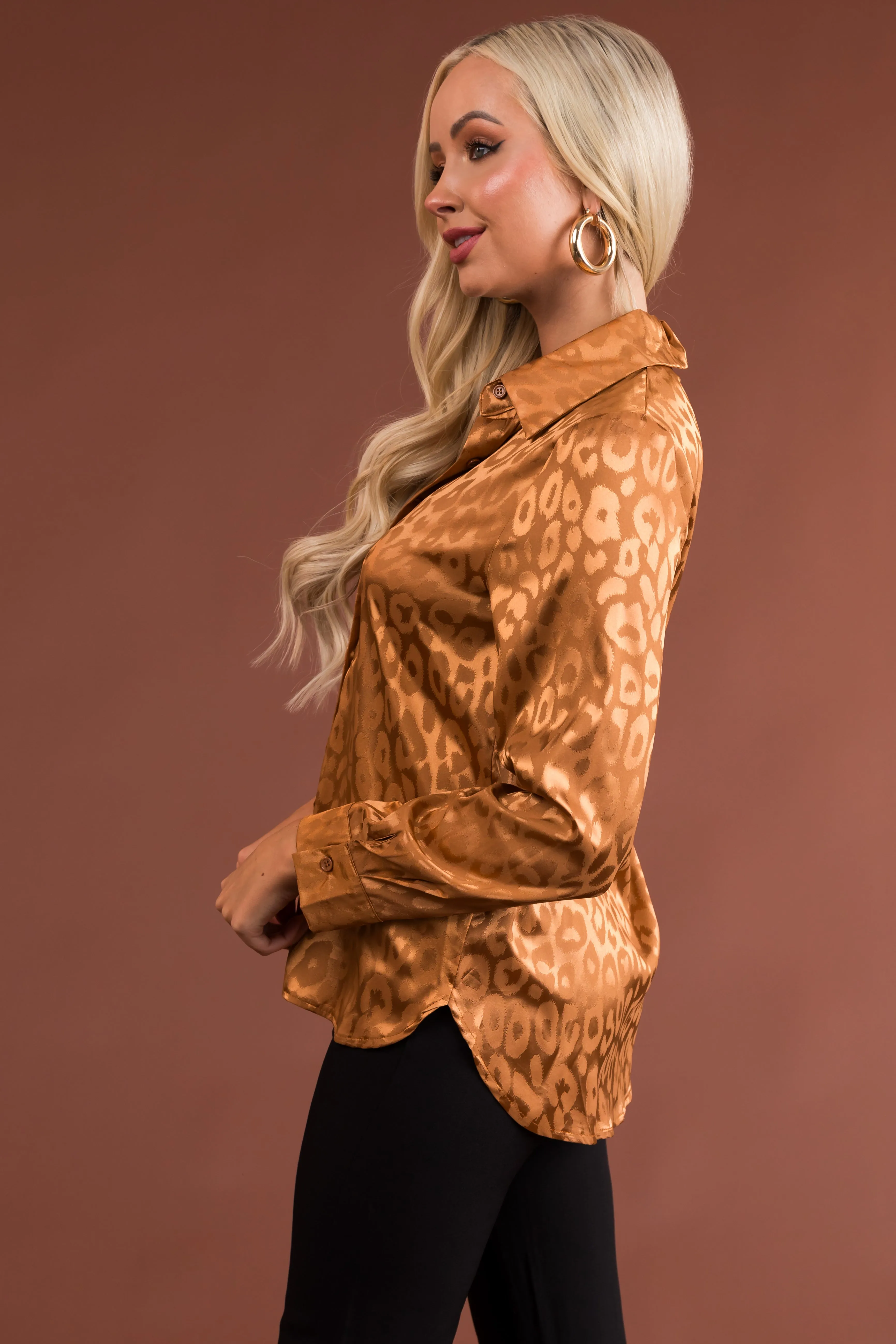 Copper Leopard Jacquard Button Up Satin Blouse sold by Lime Lush product image thumbnail 5