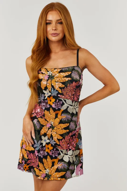 Black Floral Embroidered Mini Dress with Sequins sold by Lime Lush