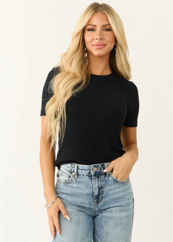 Black Short Sleeve Textured Ribbed Knit Top sold by Lime Lush