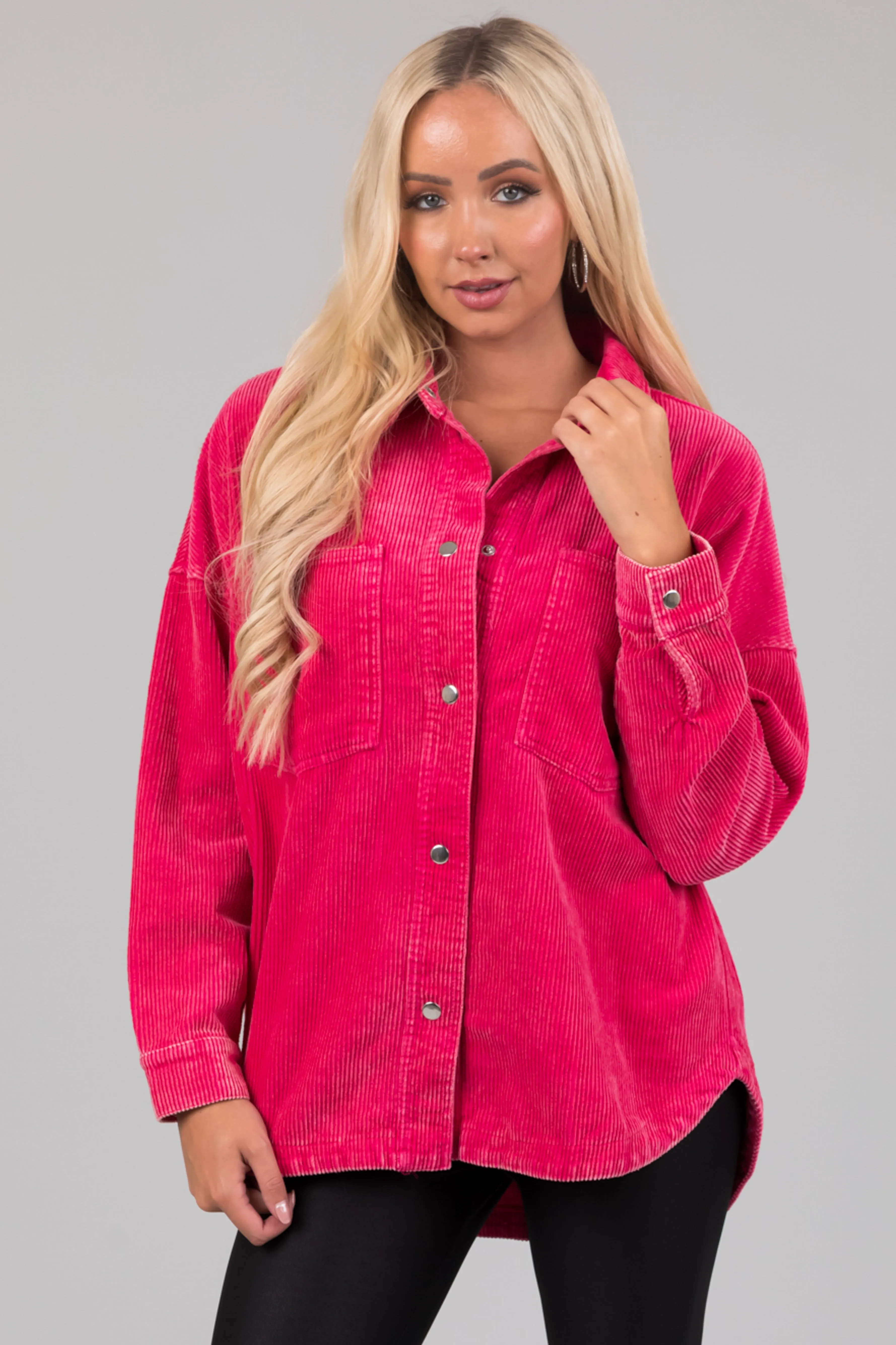 She+Sky Hot Pink Snap Button Corduroy Shacket sold by Lime Lush