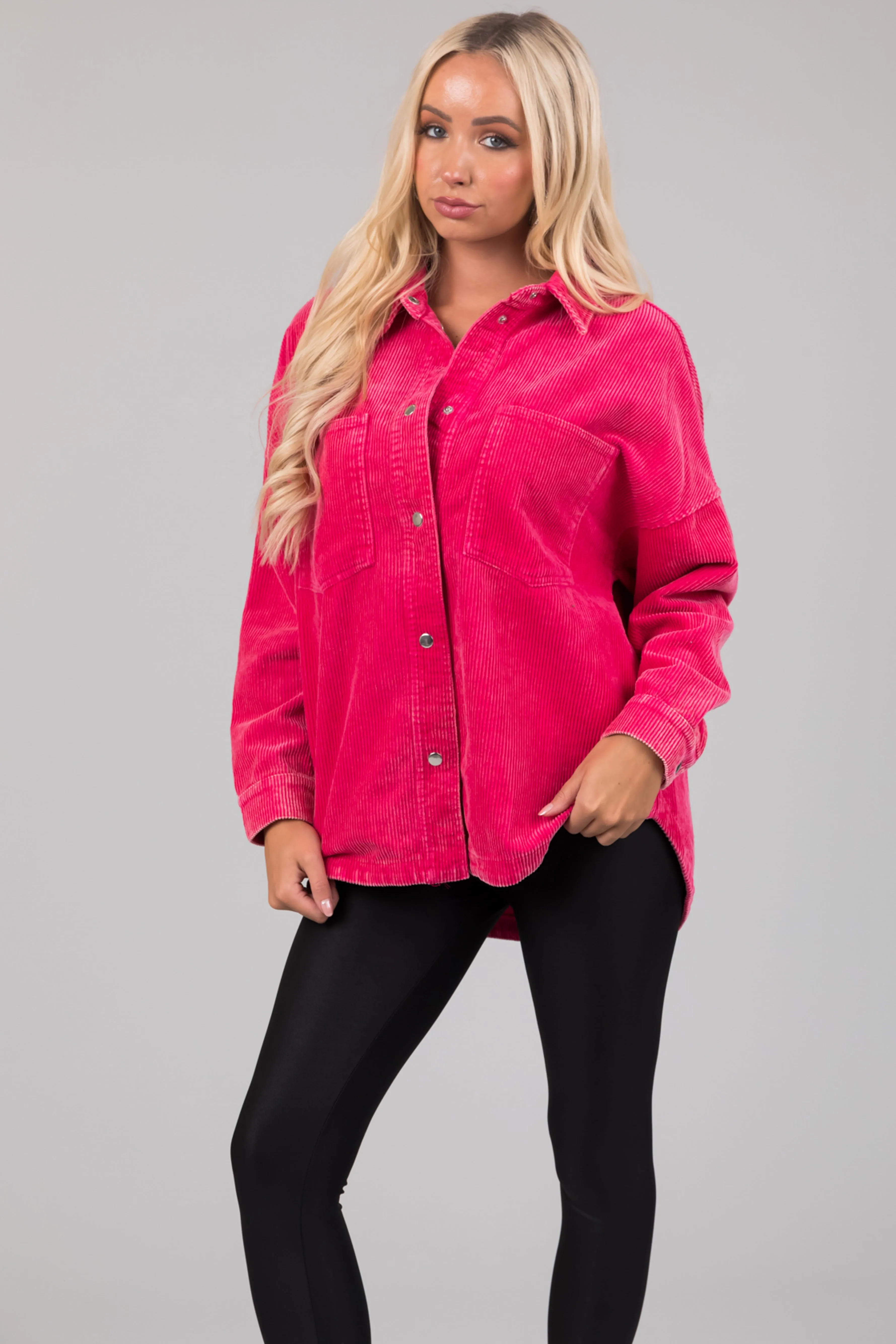She+Sky Hot Pink Snap Button Corduroy Shacket sold by Lime Lush product image thumbnail 3