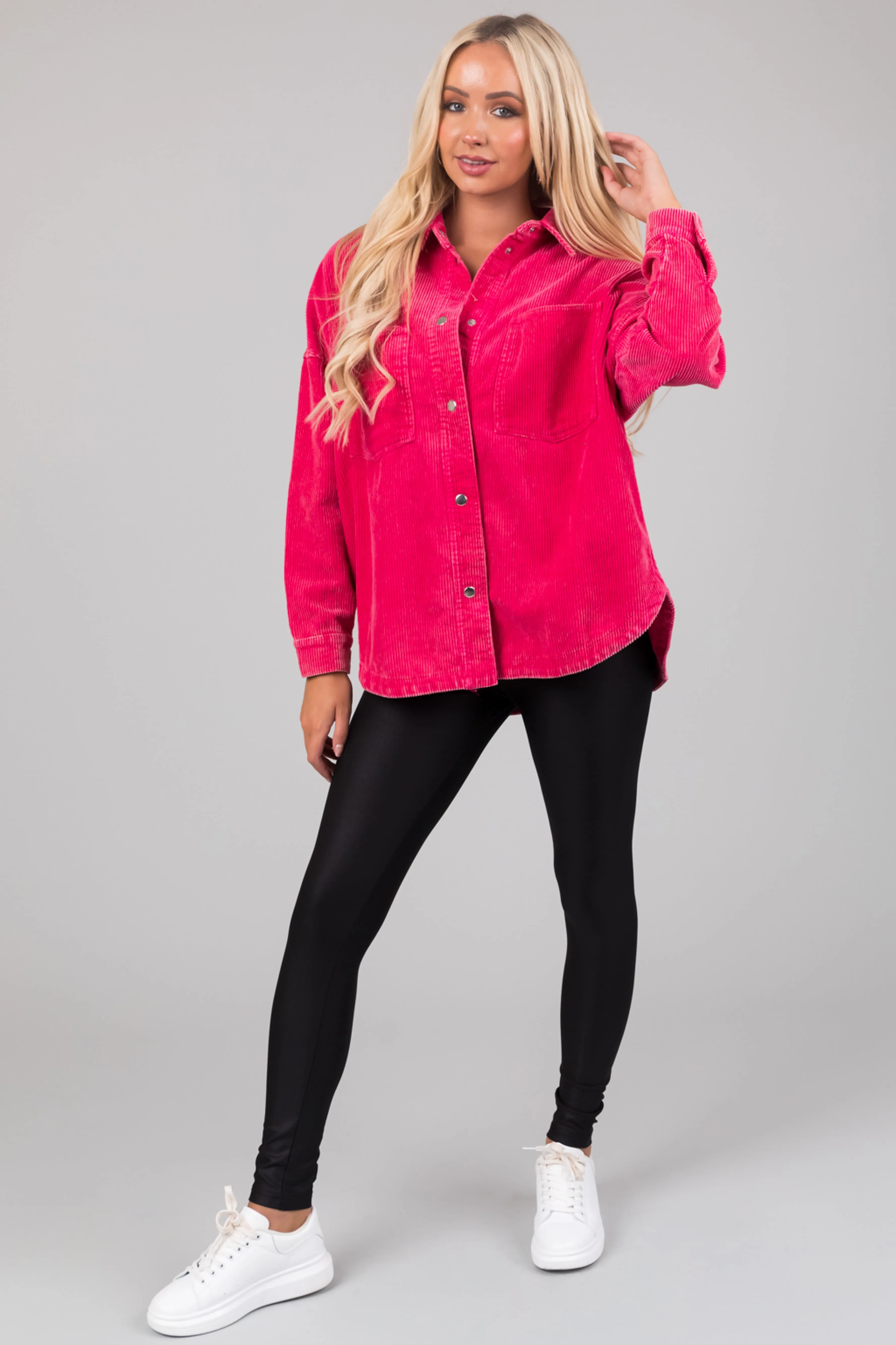 She+Sky Hot Pink Snap Button Corduroy Shacket sold by Lime Lush product image thumbnail 2