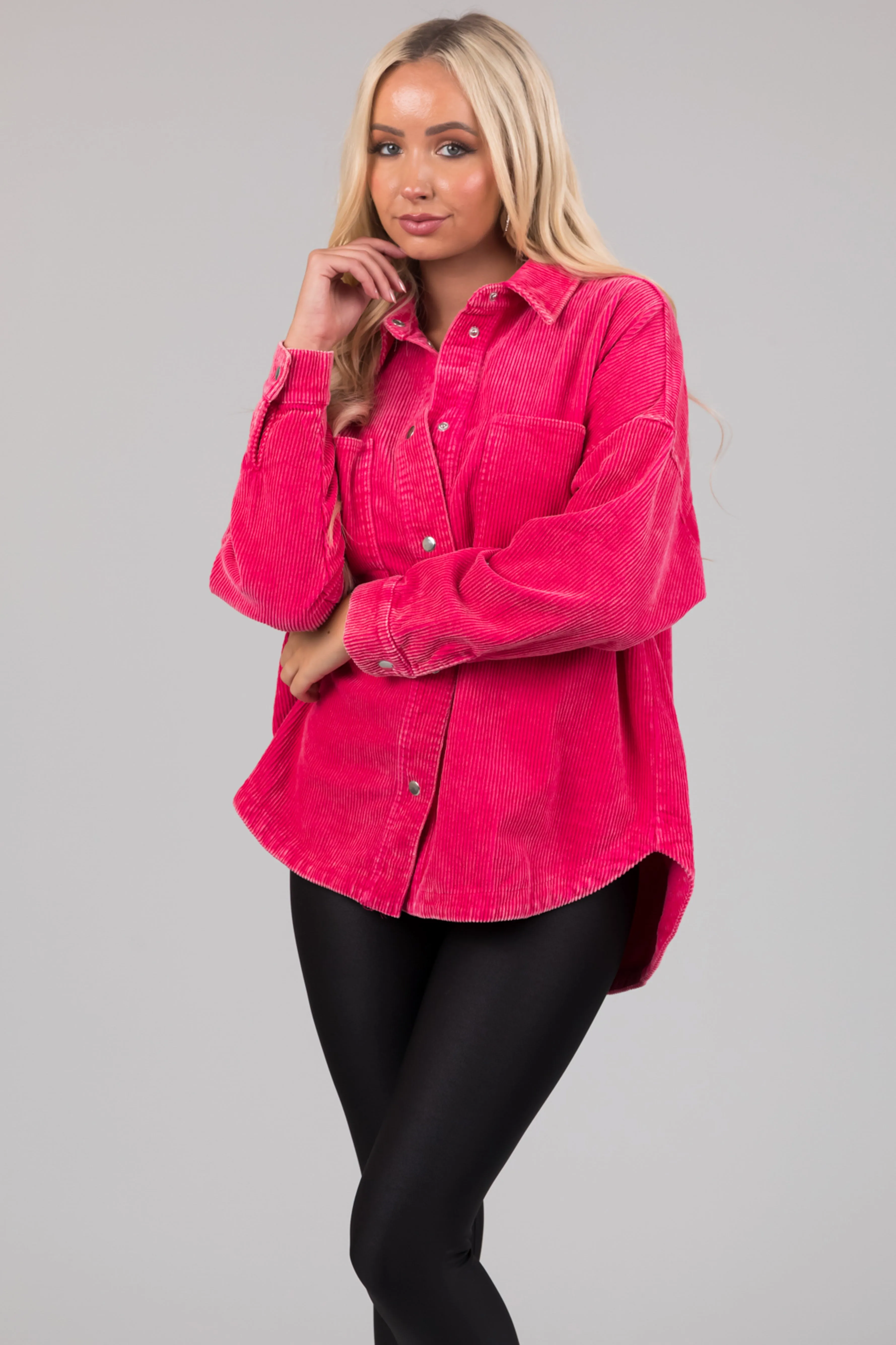 She+Sky Hot Pink Snap Button Corduroy Shacket sold by Lime Lush product image thumbnail 4