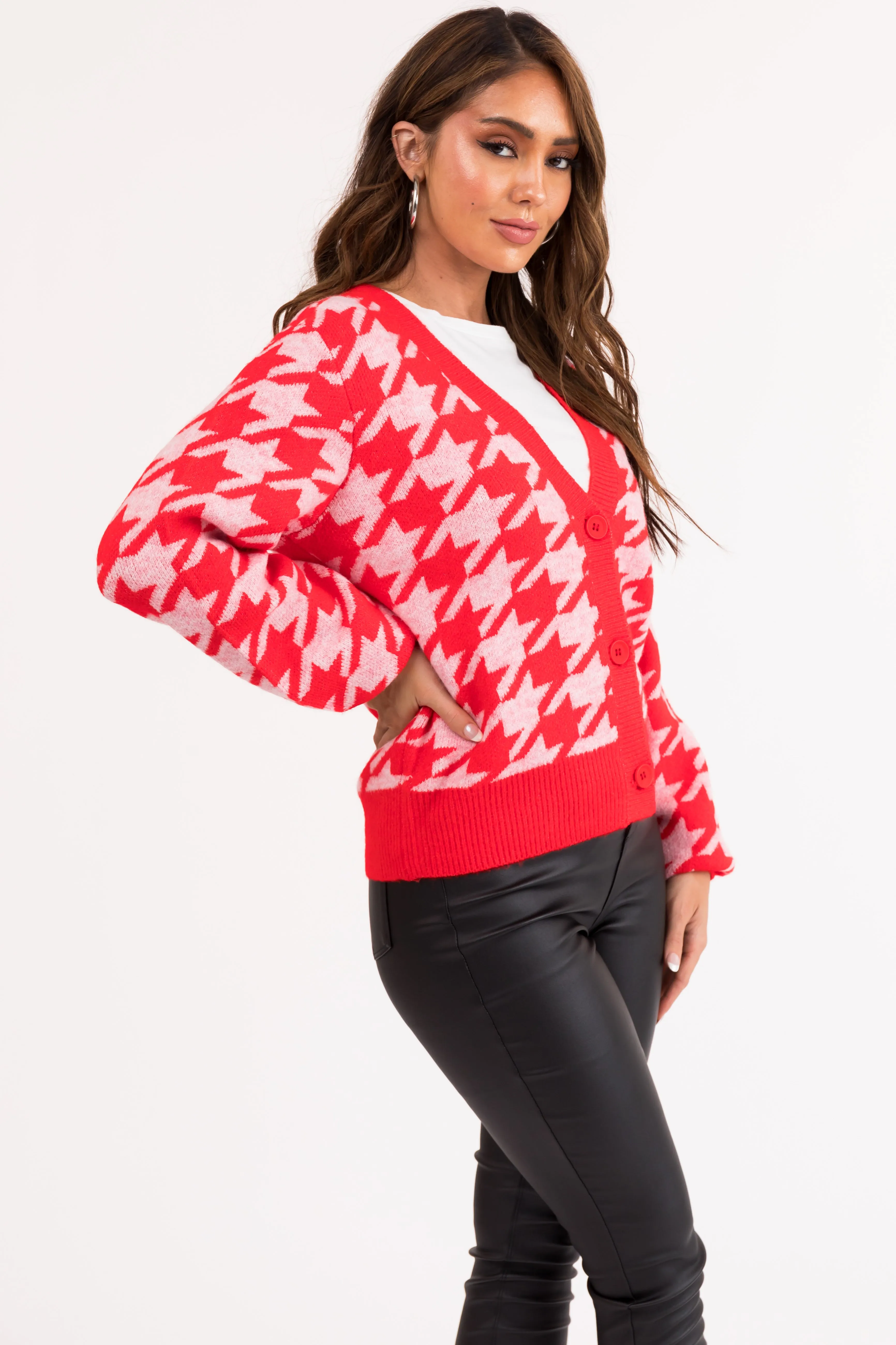 Scarlet Houndstooth Button Down Cardigan sold by Lime Lush product image thumbnail 2