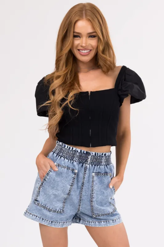 Black Short Puff Sleeve Zip Up Crop Top sold by Lime Lush