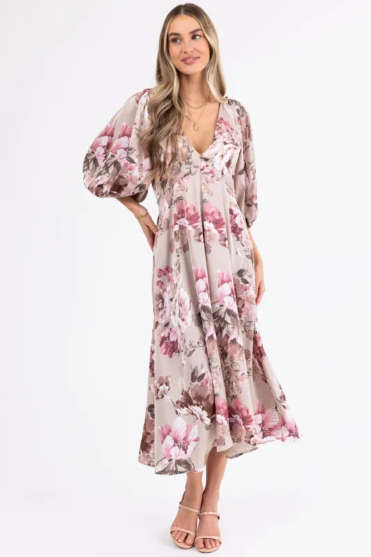 Latte Floral Print Deep V Neck Satin Maxi Dress sold by Lime Lush