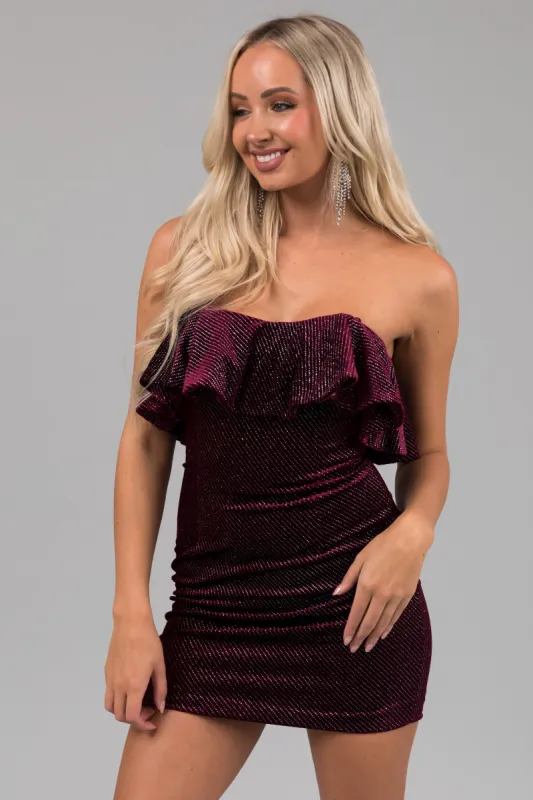 Eggplant Velvet Glitter Ruffle Strapless Mini Dress sold by Lime Lush