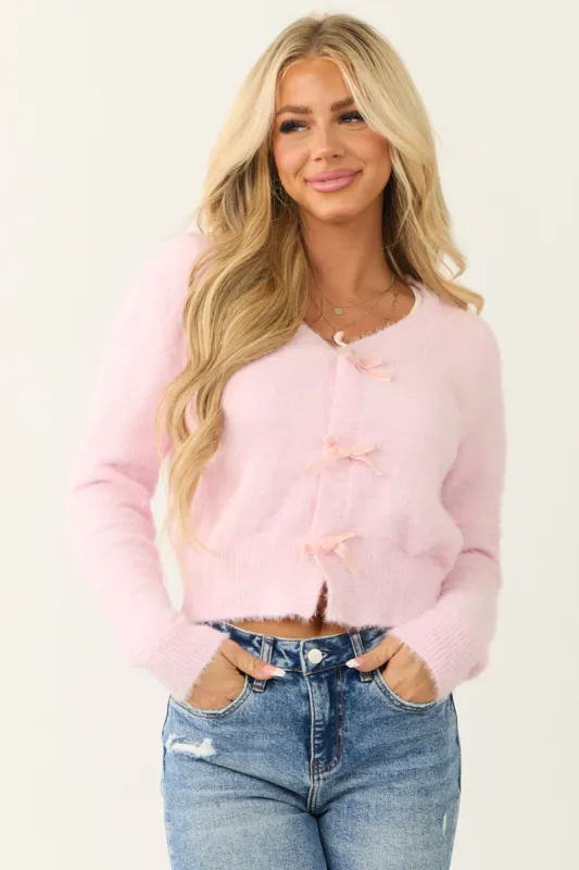 Carnation Soft Fuzzy Knit Bow Button Up Cardigan sold by Lime Lush