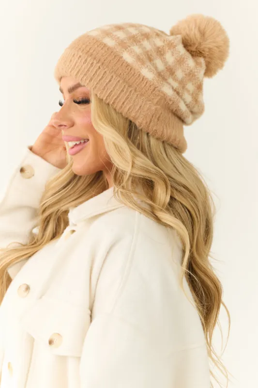 Beige and Cream Fuzzy Pom Pom Plaid Beanie sold by Lime Lush