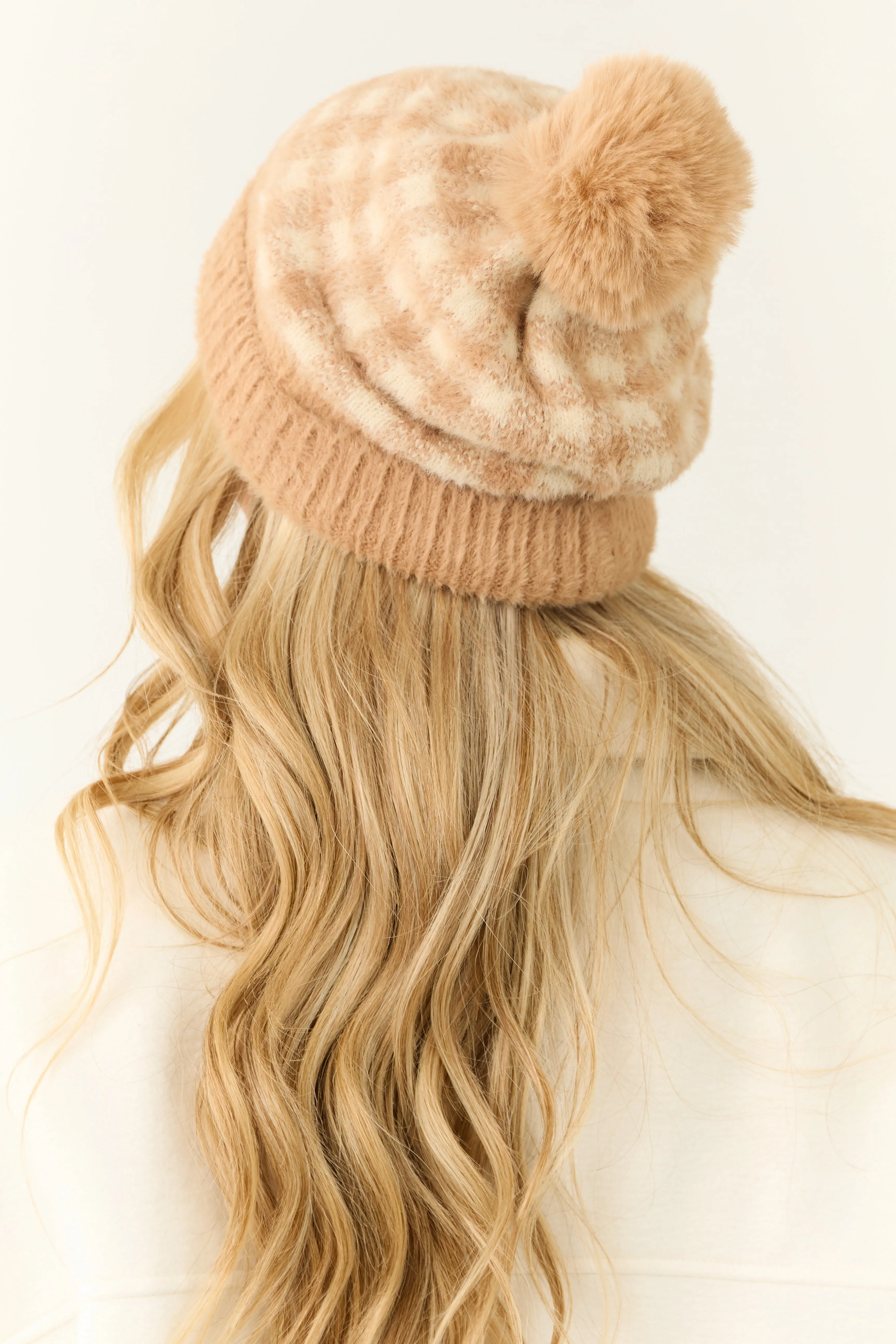 Beige and Cream Fuzzy Pom Pom Plaid Beanie sold by Lime Lush product image thumbnail 3