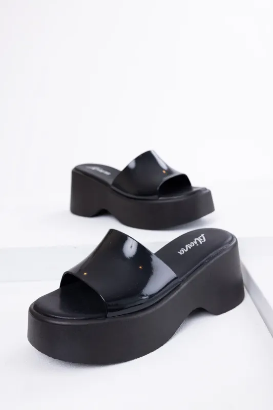 Black Single Band Platform Wedge Sandals sold by Lime Lush