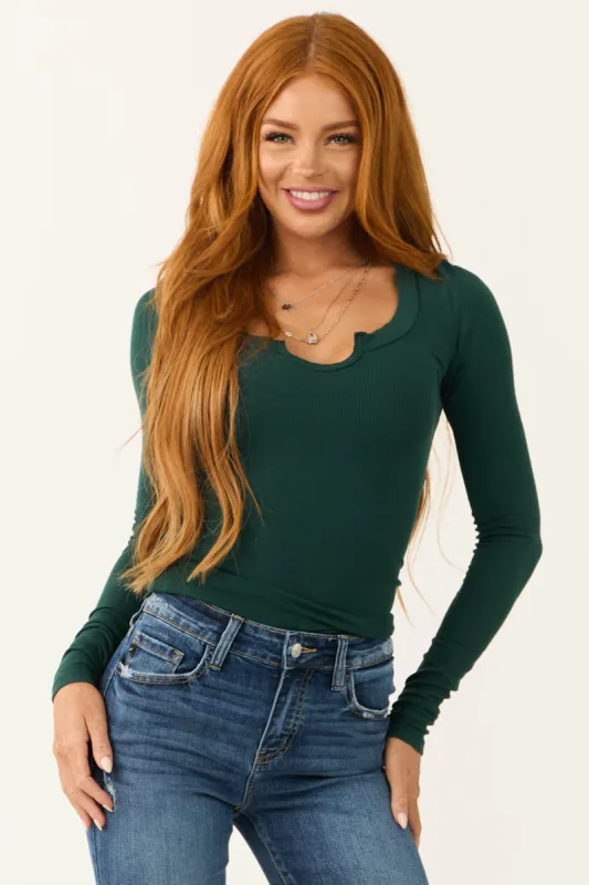 Forest Green Henley Fitted Long Sleeve Top sold by Lime Lush