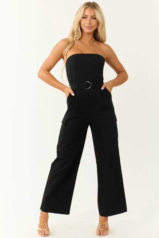 Black Strapless Belt Detail Cargo Jumpsuit sold by Lime Lush