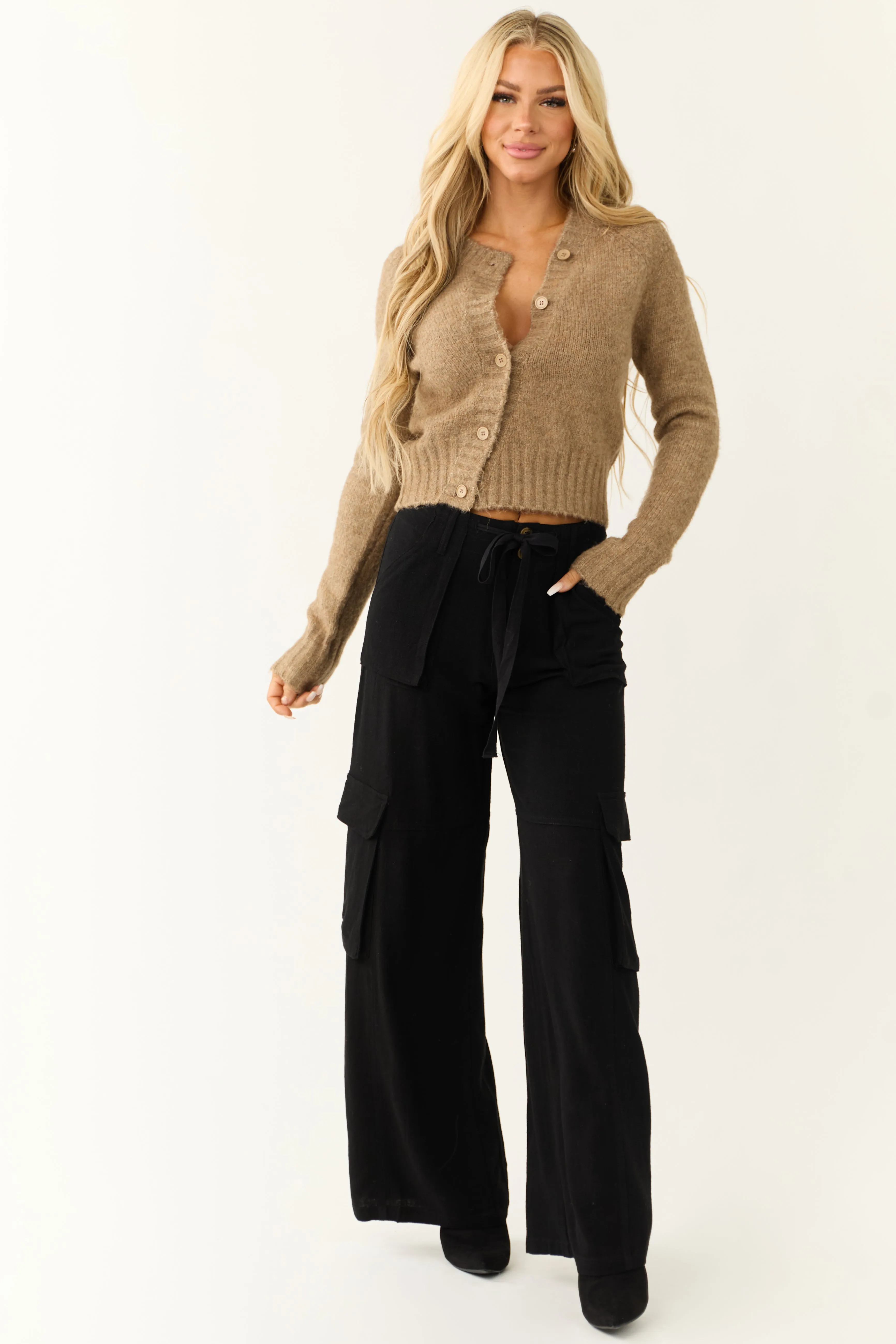 Black Relaxed Fit Wide Leg Cargo Pants sold by Lime Lush