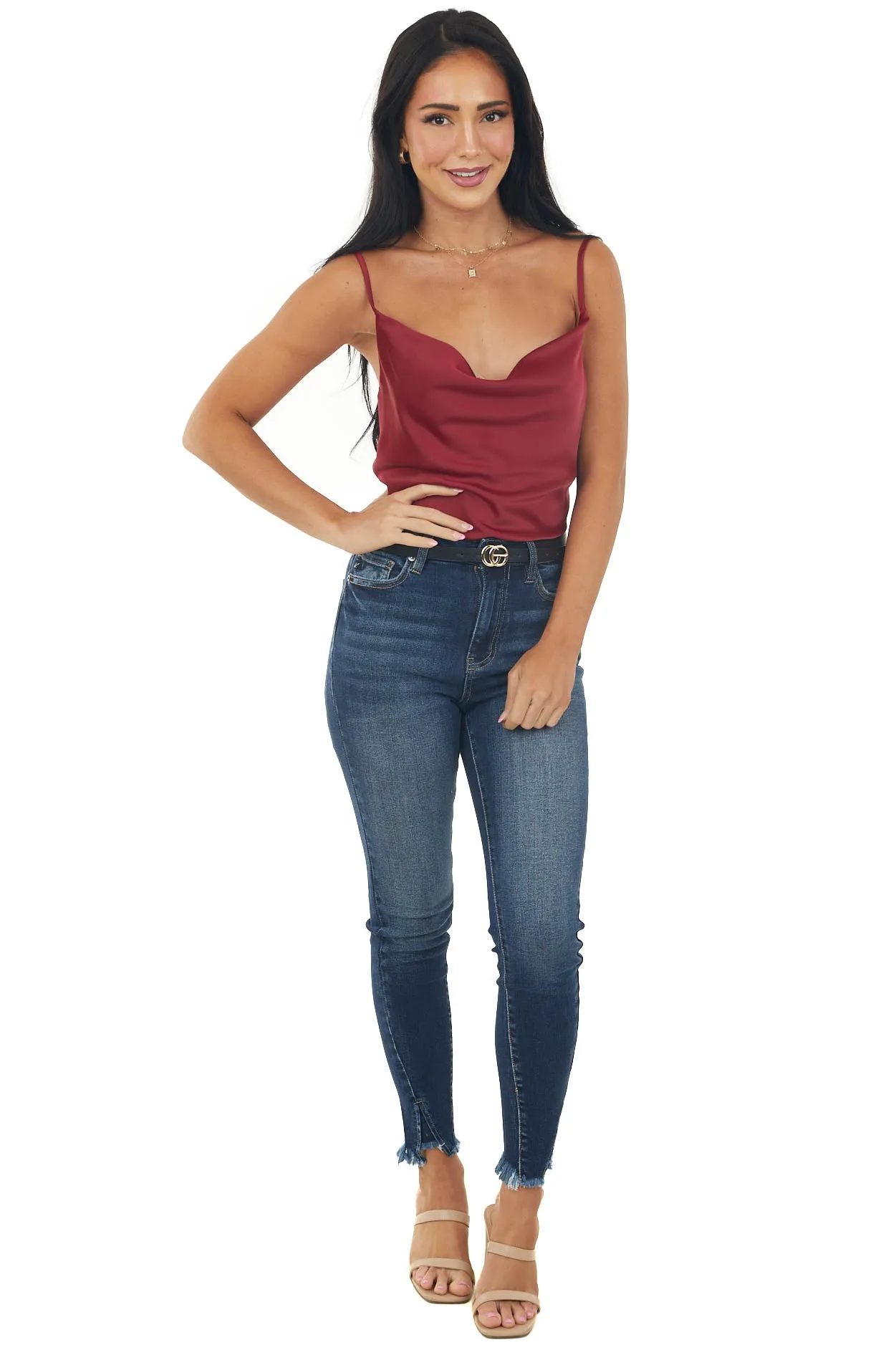 Burgundy Satin Cowl Neck Handkerchief Hem Cami sold by Lime Lush product image thumbnail 2