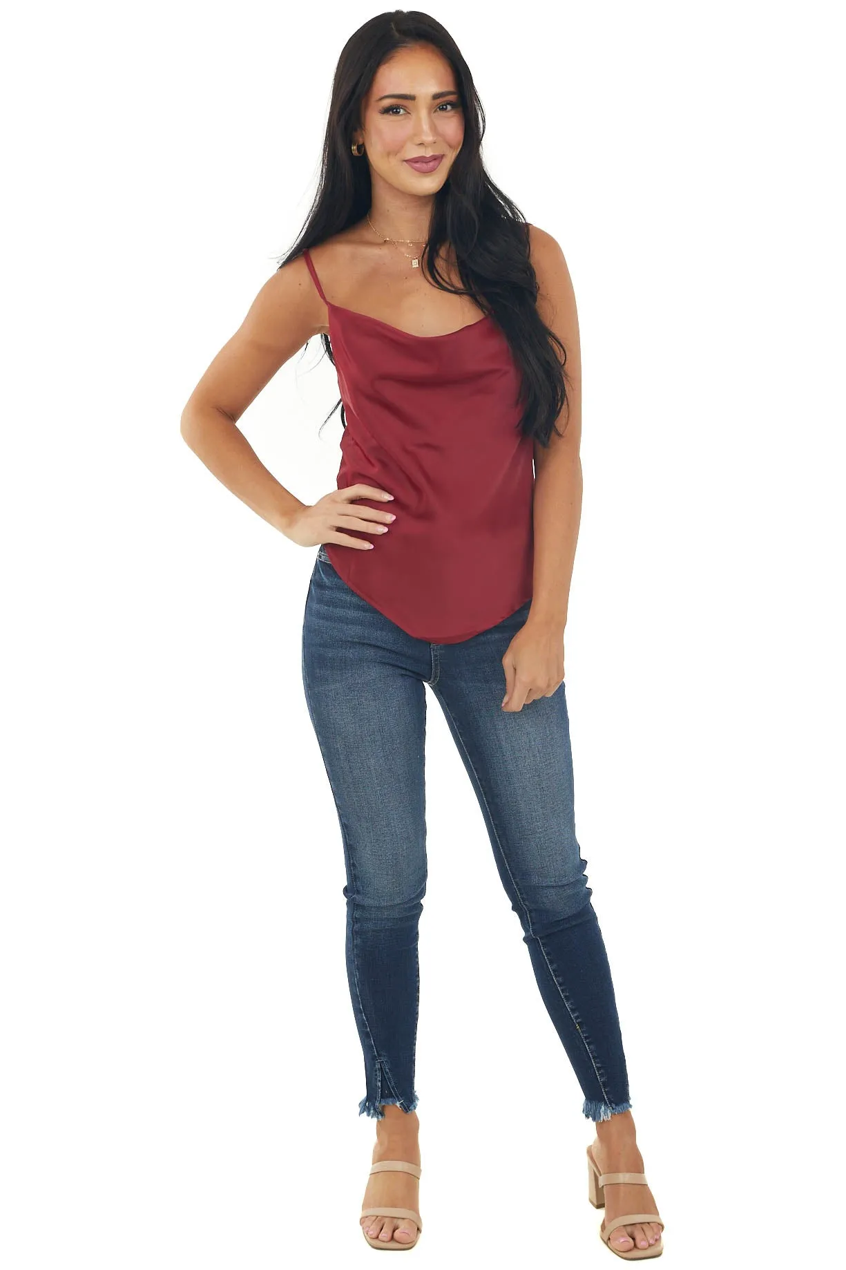 Burgundy Satin Cowl Neck Handkerchief Hem Cami sold by Lime Lush product image thumbnail 3