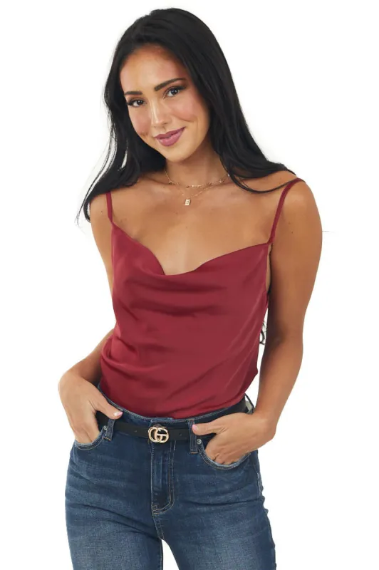Burgundy Satin Cowl Neck Handkerchief Hem Cami sold by Lime Lush