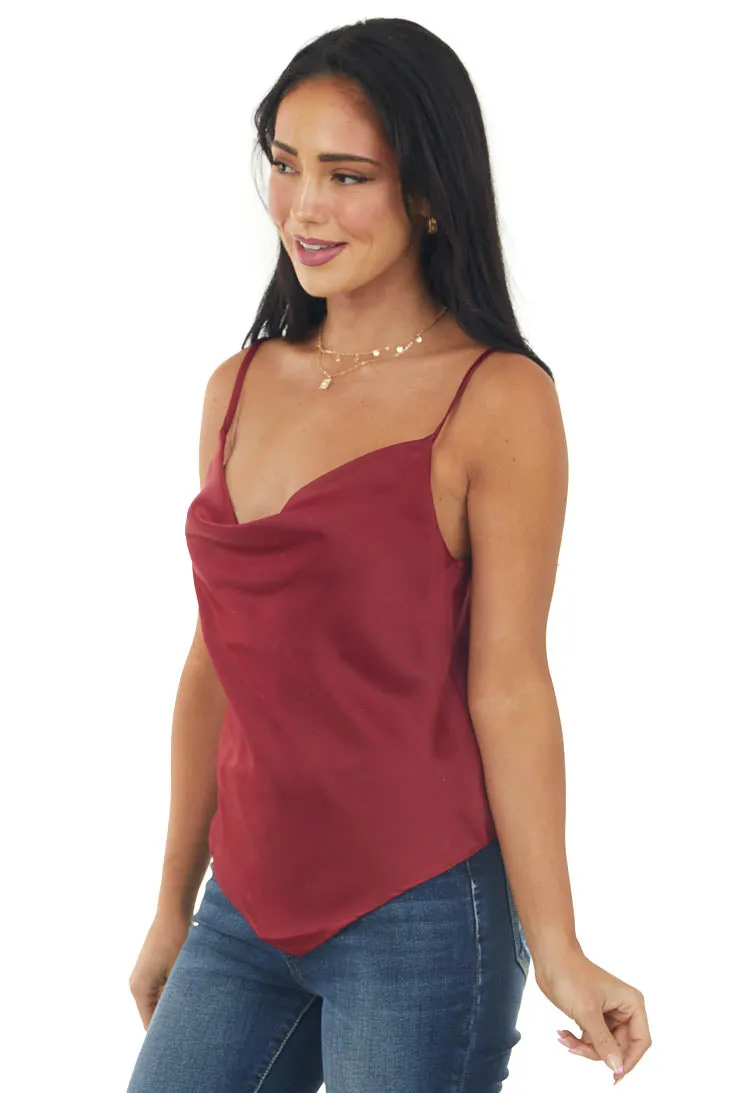 Burgundy Satin Cowl Neck Handkerchief Hem Cami sold by Lime Lush product image thumbnail 4