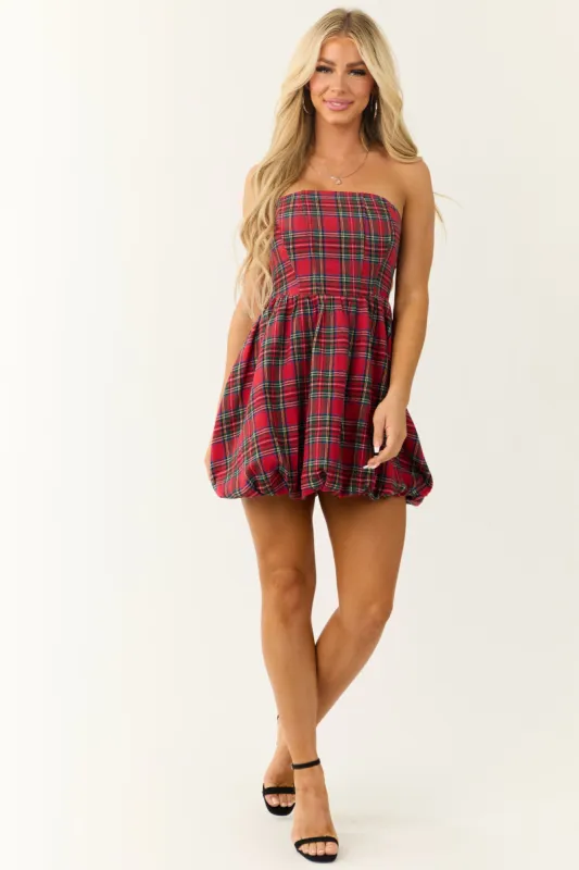 Ruby Plaid Strapless Bubble Hem Mini Dress sold by Lime Lush
