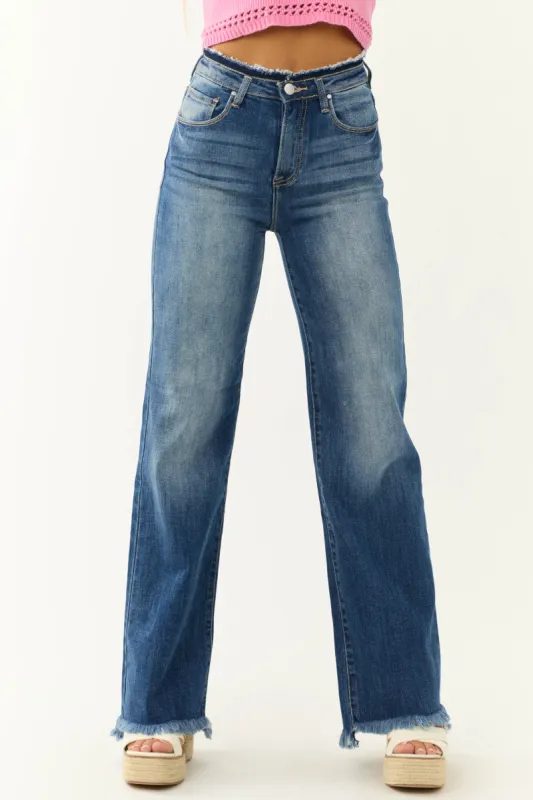 Risen Dark Wash High Rise Wide Leg Frayed Jeans sold by Lime Lush